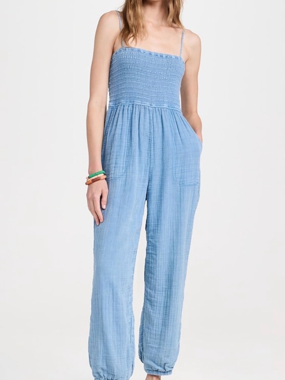 Z Supply Light Blue Smocked Strap Cotton-Blend Jumpsuit